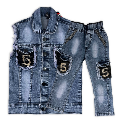 (1-4Y) Girls' 5-Print Denim Jacket and Jeans Outfit