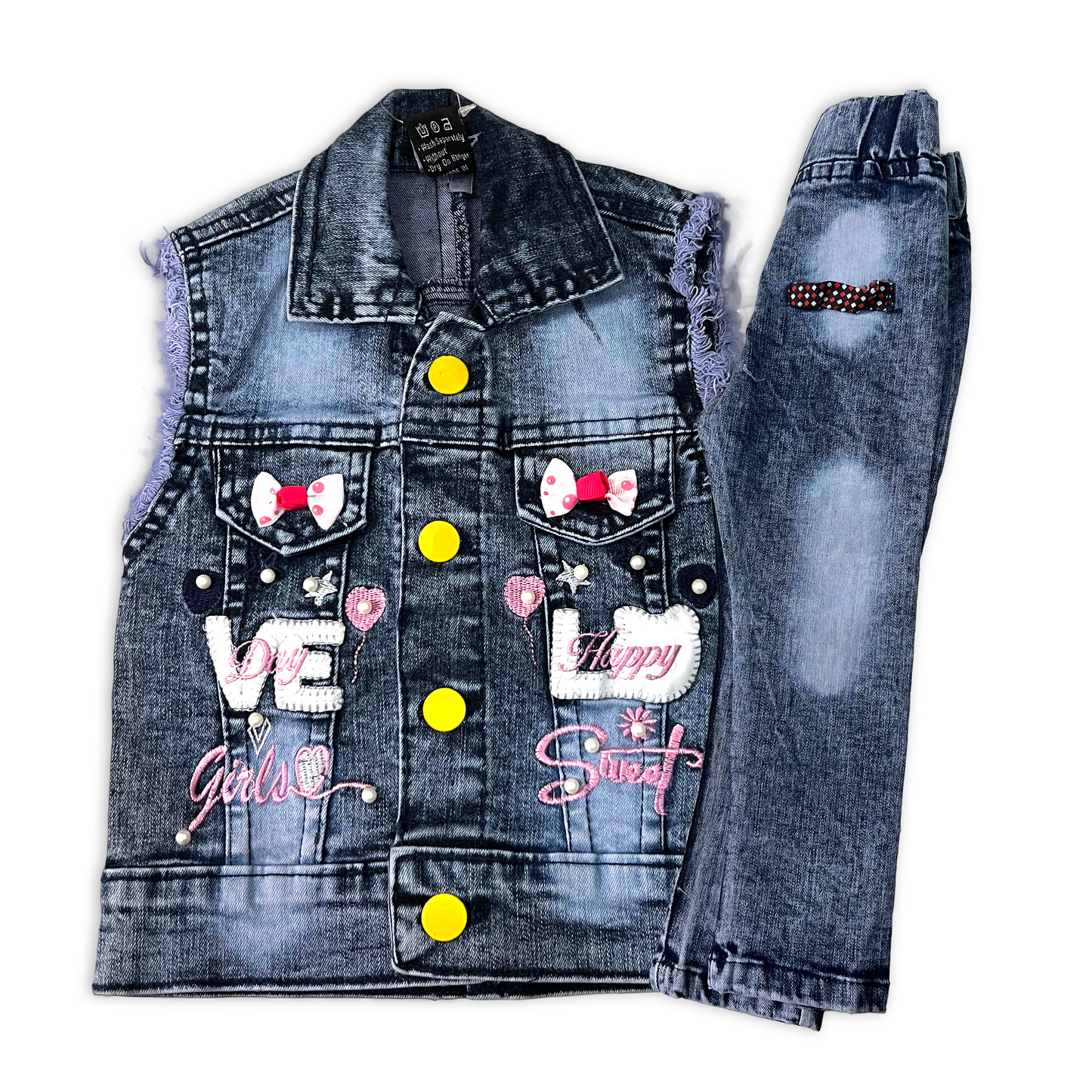 (1-4Y) Girls' Love Denim Jacket and Jeans Outfit