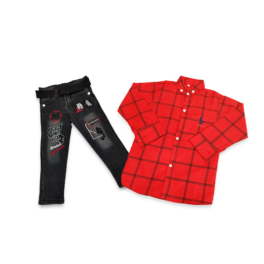 (2-5Y) Black Denim Pant & Red Casual Shirt