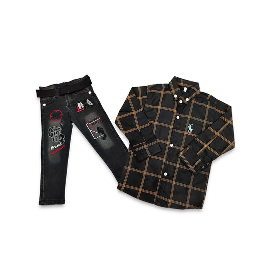 (2-5Y) Black Denim Pant & Brown Casual Shirt