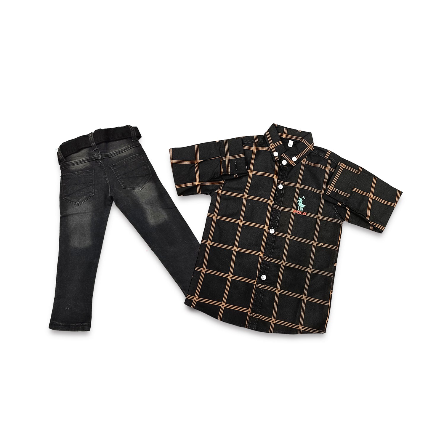 (2-5Y) Black Denim Pant & Brown Casual Shirt