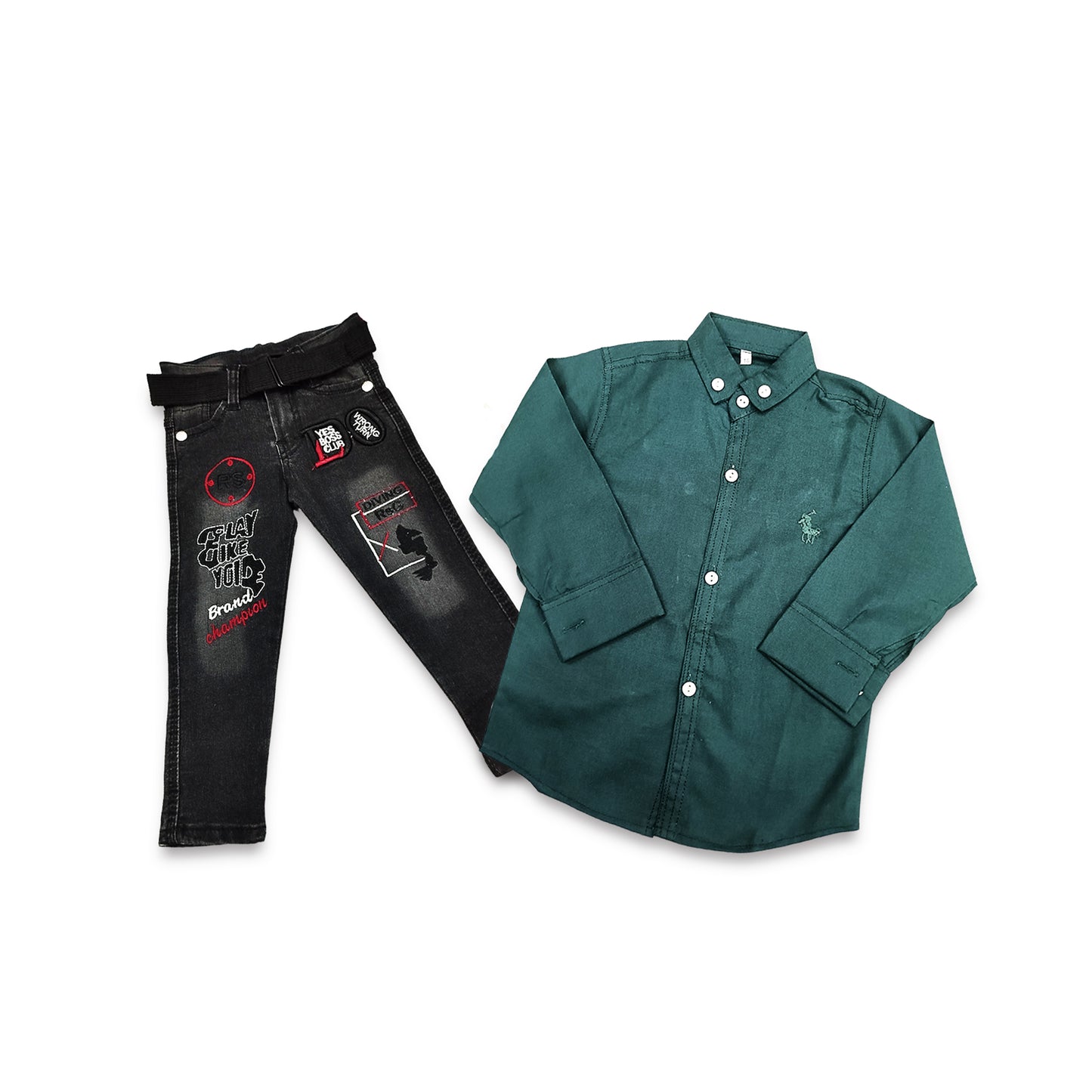 (2-5Y) Black Denim Pant & Green Plain Shirt