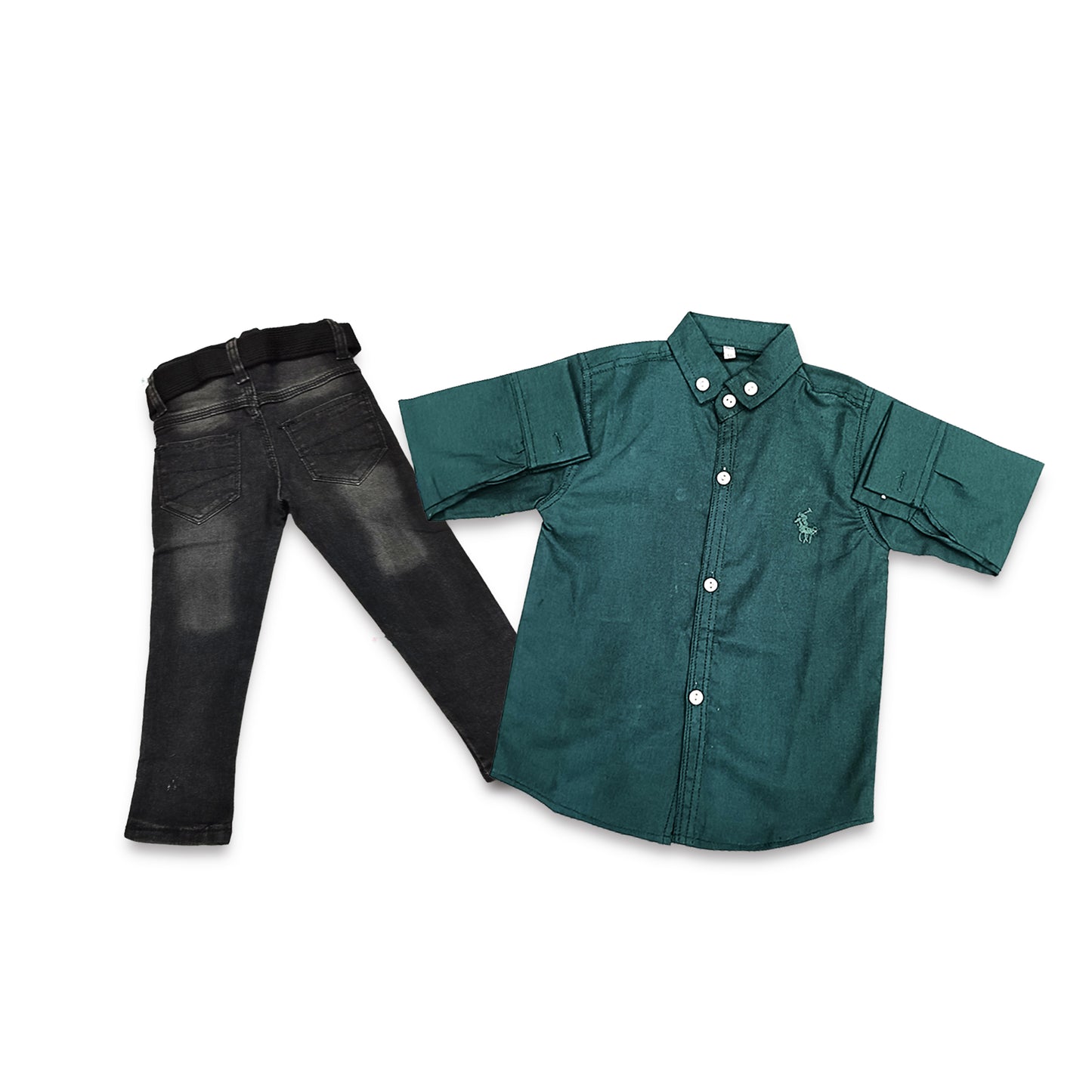 (2-5Y) Black Denim Pant & Green Plain Shirt