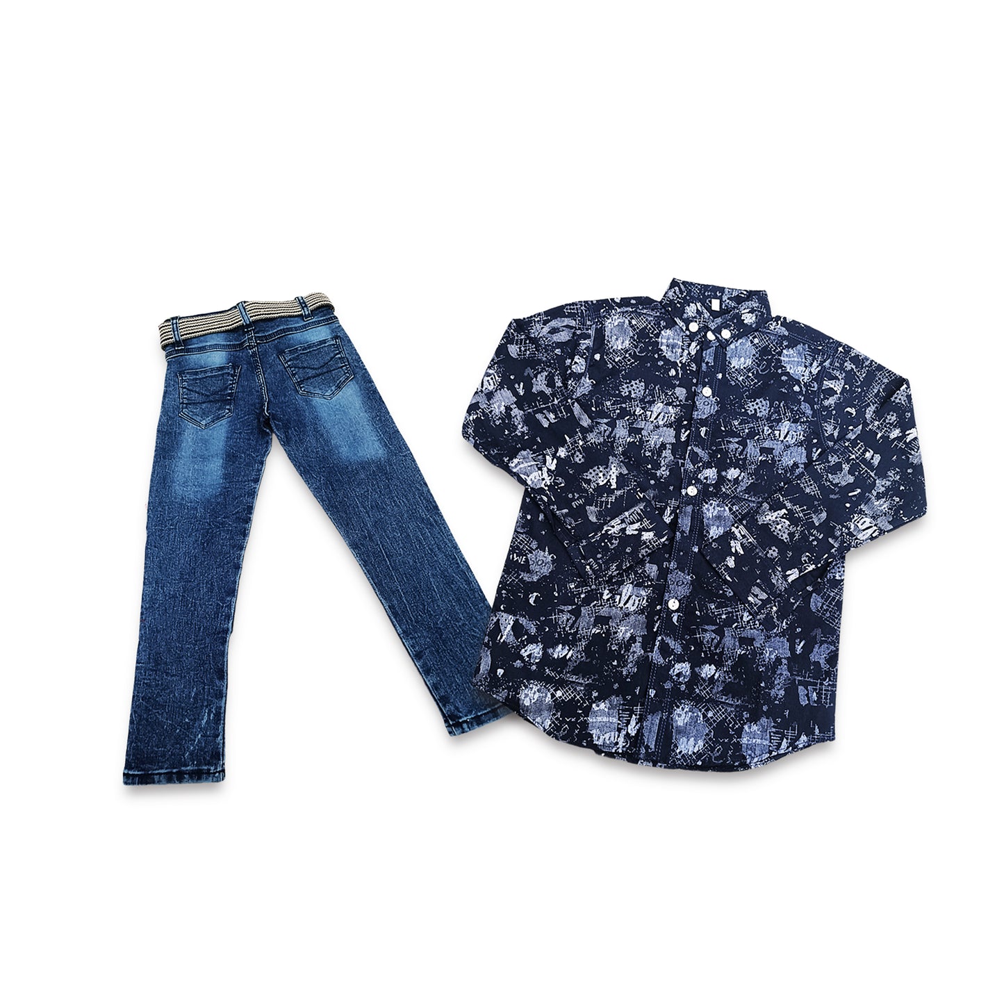 (4-8Y) Blue Denim Pant & Blue Printed Shirt