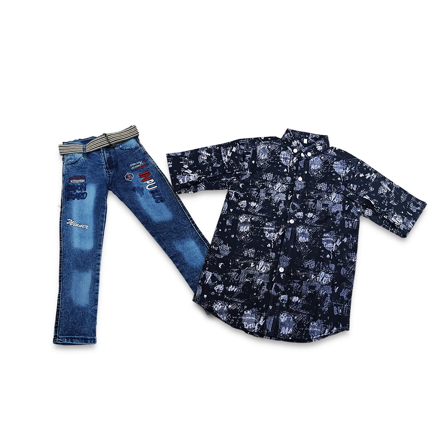 (4-8Y) Blue Denim Pant & Blue Printed Shirt