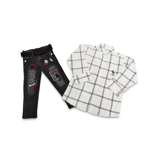 (2-5Y) Black Denim Pant & White Casual Shirt