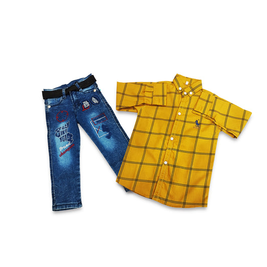 (2-5Y) Blue Denim Pant & Camel Casual Shirt