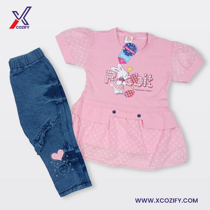 (1-4Y) Cute Rabbit Jersey Frok & Denim