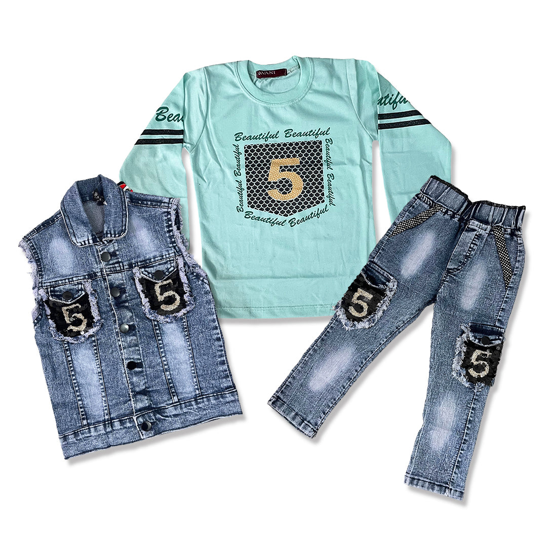 (1-4Y) Girls' 5-Print Denim Jacket and Jeans Outfit