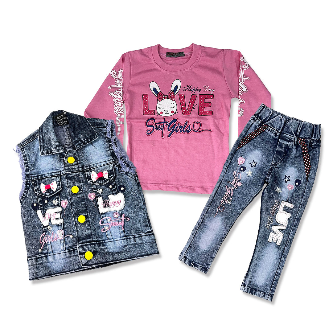 (1-4Y) Girls' Love Denim Jacket and Jeans Outfit